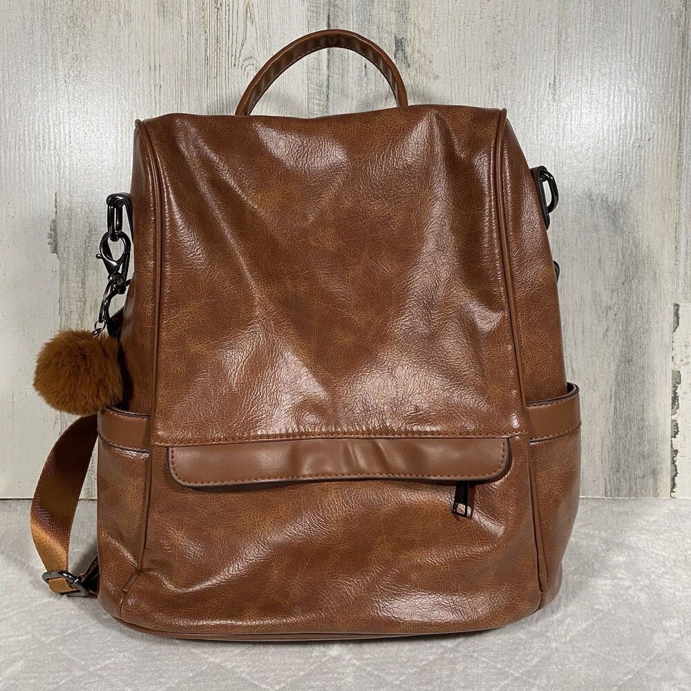 Women's Vegan Faux Brown Leather Backpack Festival Minimalist Travel City Bag